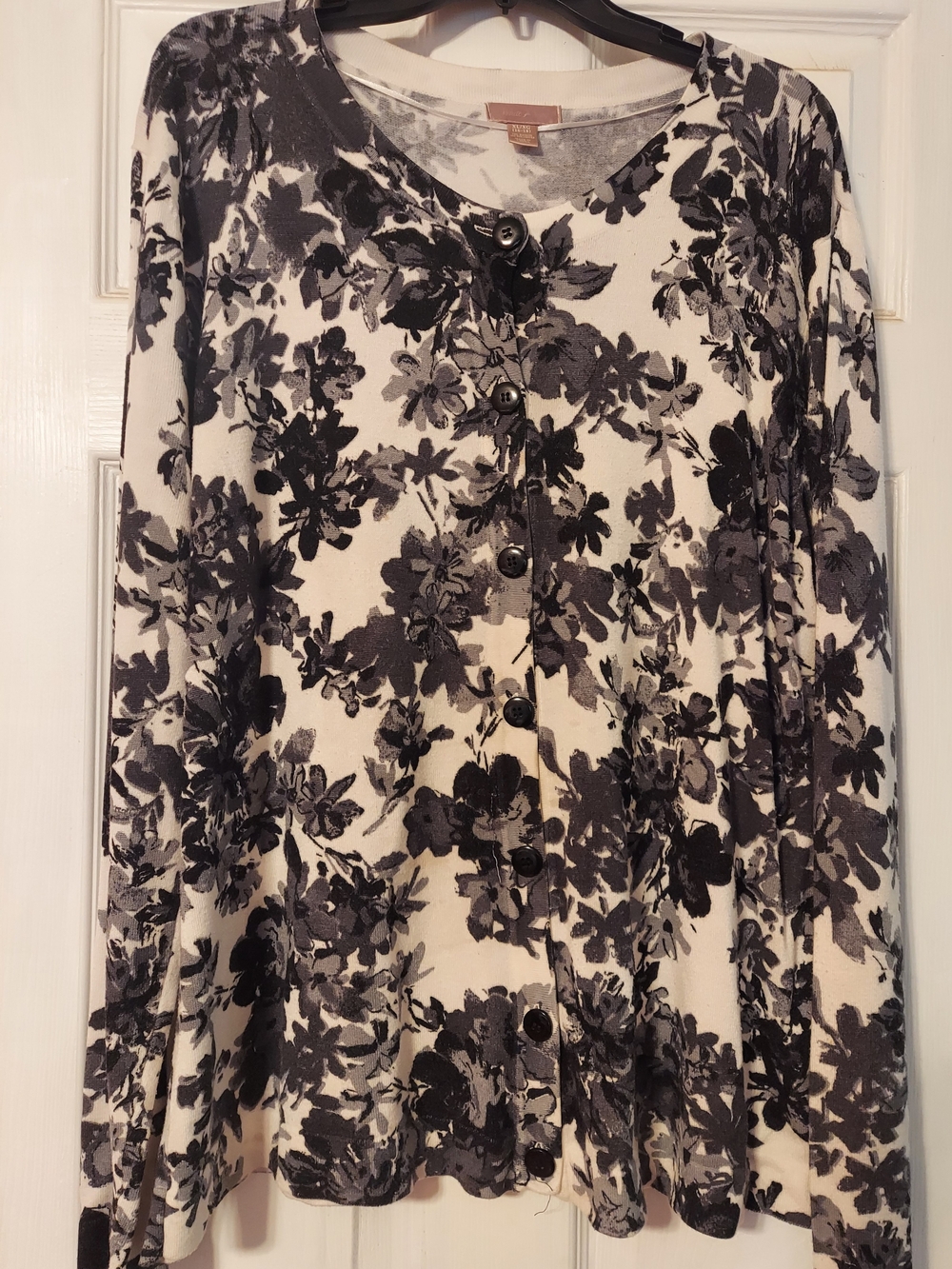 Dana Buchman Cream and Black Floral Button-Up Cardigan